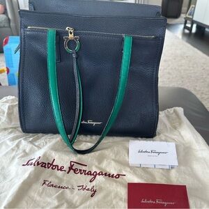 Ferragamo Amy Tote Bag Gancini Bicolor Leather- Navy/Green